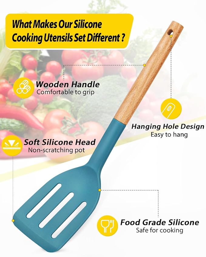 Pack of 4 Silicone Cooking Utensils Set, Non Stick Solid Spatulas and Heat Resistant Slotted Spoons with Wooden Handle, Ideal Wood Kitchen Utensils Set for Frying,Serving,Turning,Stirring (BLUE)-Ruum Studio Home