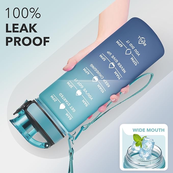 Enerbone Water Bottle, Leakproof BPA & Toxic Free, Motivational Water Bottle with Times to Drink and Straw, Fitness Sports Water Bottle with Strap for Office, Gym, Outdoor Sports