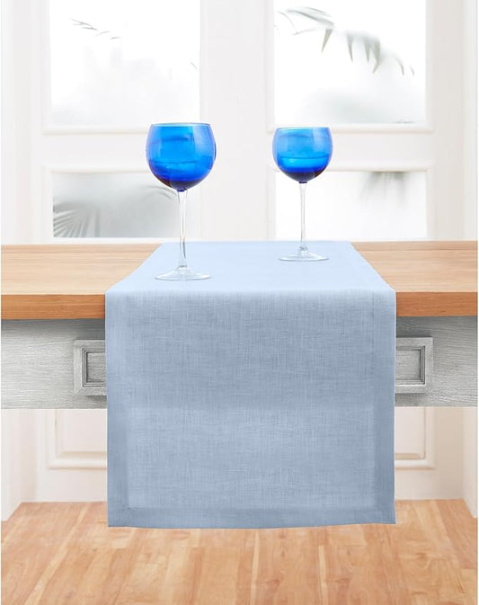 Solino Home Linen Sky Blue Table Runner 48 Inches - 100% Pure Linen Short Table Runner 14 x 48 Inch Ideal for Dresser and Coffee Tables - Fete-Ruum Studio Home
