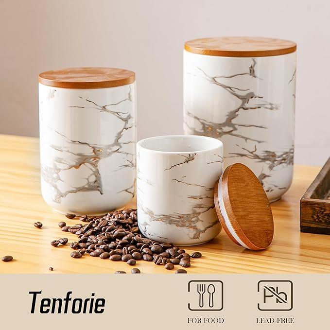 Ceramic Canister Set with Bamboo Airtight Lids, 3-Piece Kitchen Storage Jars (48oz, 30oz, 12oz) – White with Gold Marble Pattern, Glossy Finish, for Coffee, Sugar, Flour & More-Ruum Studio Home