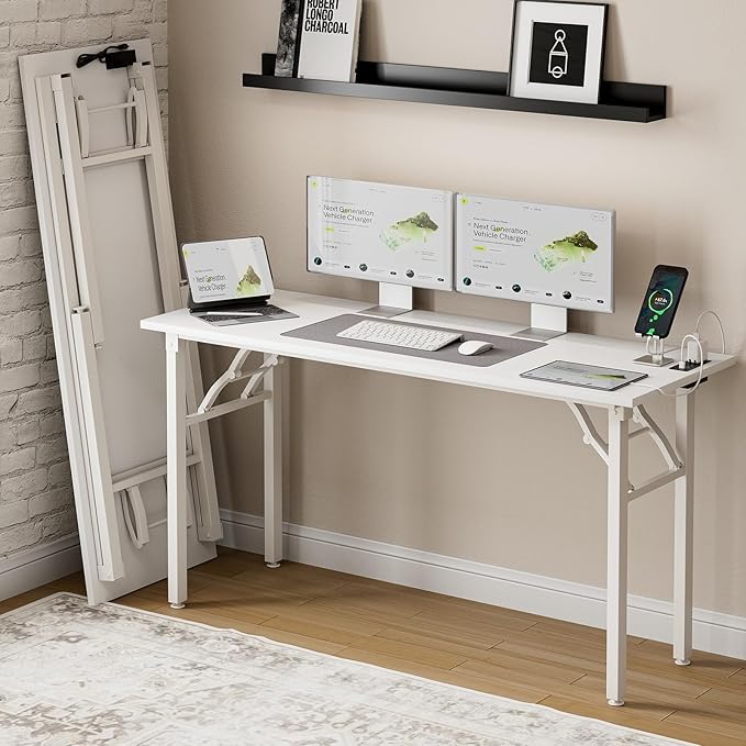Frylr Small Folding Computer Desk β 55.1 Inch Portable Table for Craft and Study, Lightweight Desk for Small Spaces, Foldable Laptop Table Built-in AC/USB Outlets for Convenience, White