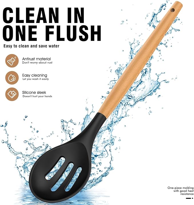 Silicone Cooking Utensils Set - Silicone Kitchen Utensils for Cooking Wooden Handles, 446°F Heat Resistant Kitchen Utensil Spatula Sets w Holder, Gadgets for Non-Stick Cookware BPA FREE (Black)-Ruum Studio Home