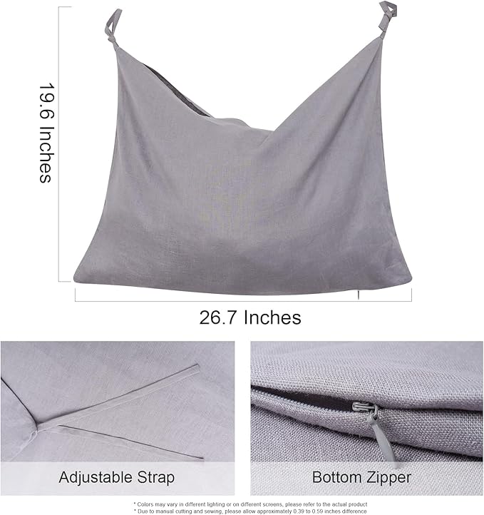 Hanging Linen Laundry Bag, 100% Pure Flax Linen Over The Door Hamper with Bottom Zipper for Laundry Room, Household Dirty Cloth Storage Organizer Bag, Gray-Ruum Studio Home