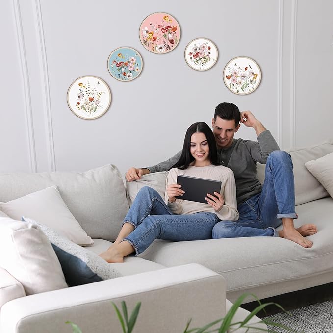 Qunclay 5 Pcs Wall Art Decor Wooden Living Room Wall Decor Bohemian Hanging Farmhouse Geometric 10'' and 8'' Aesthetic Wood Minimalist Posters for Bedroom(Wild Flower)-Ruum Studio Home