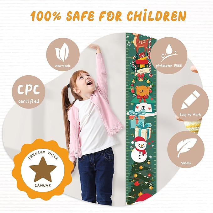 Personalized Name Growth Chart Wall Decor for Kids – Canvas Removable Height Chart Measuring Ruler 59" x 7.9" (Christmas Deer)-Ruum Studio Home
