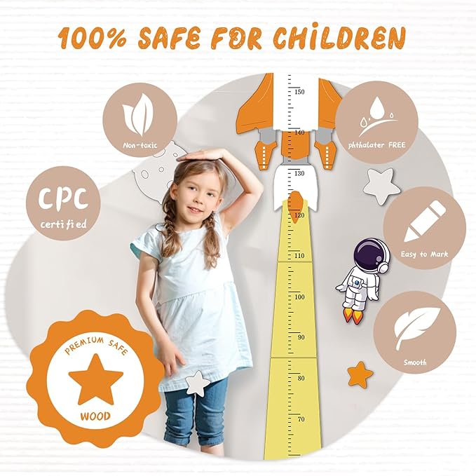 Personalized Name Height Chart for Kids, Cute Rocket Wooden Growth Chart for Kids, Wall Height Chart for Children, Cute Wall Ruler for Kids, Track Height Measurement, Easy to Install-Ruum Studio Home