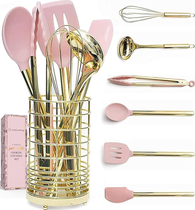 Gold and Pink Kitchen Utensil Set with Holder - 7-Piece Cooking Tools with Gold Whisk, Ladle, Tongs, Turner, Spatula, and Spoon - Stylish Pink Kitchen Accessories for Modern Cooking & Serving-Ruum Studio Home