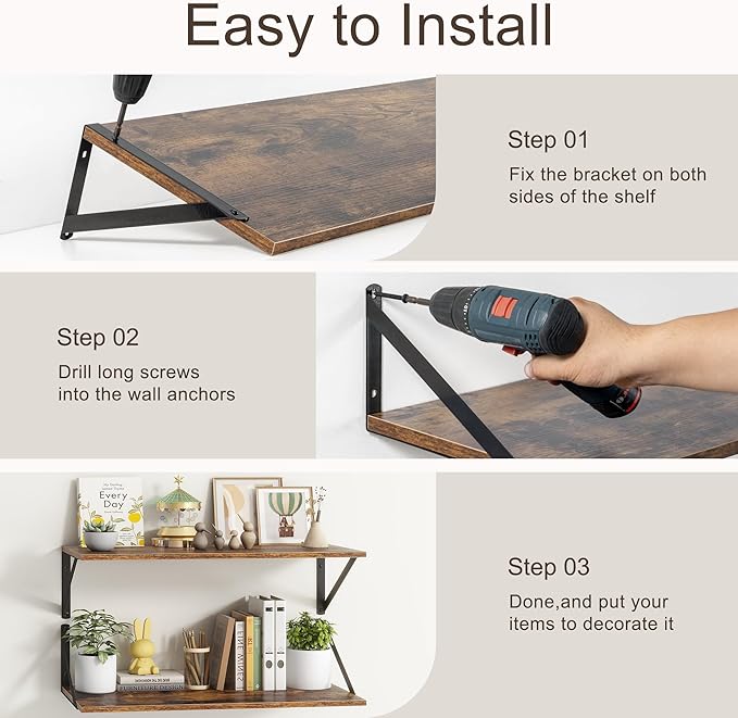 10 Inch Deep Floating Shelves, Floating Shelf 16 Inch Long, 16"W x 10"D Wall Shelves Set of 2, Deep Shelf for Books, Wide Floating Shelves for Bahtoom, Living Room, Kitchen, Rustic Brown-Ruum Studio Home