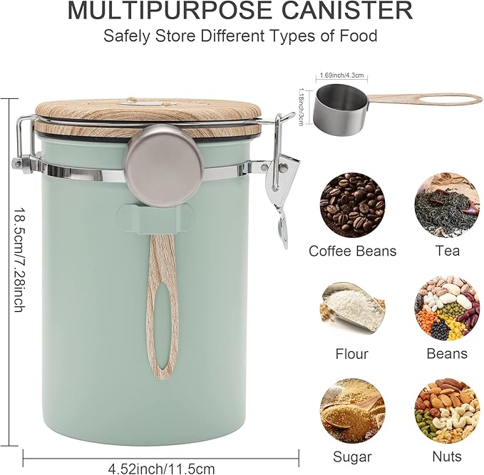 TEDSWAIT Coffee Canisters Airtight Coffee Bean Storage Container Kitchen Stainless Steel Food Storage Container with Scoop Date Tracker & CO2 Valve 61Fl Oz (Green)-Ruum Studio Home