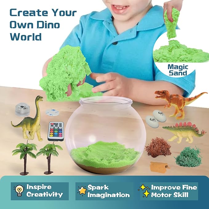 Dinosaur Light-Up Terrarium Kit for Kids- Birthday Gifts for Boys Ages 4 5 6 7 8-12 Year Old- Dinosaur Toys for Boys with Multicolor LED Light & Remote-Ruum Studio Home
