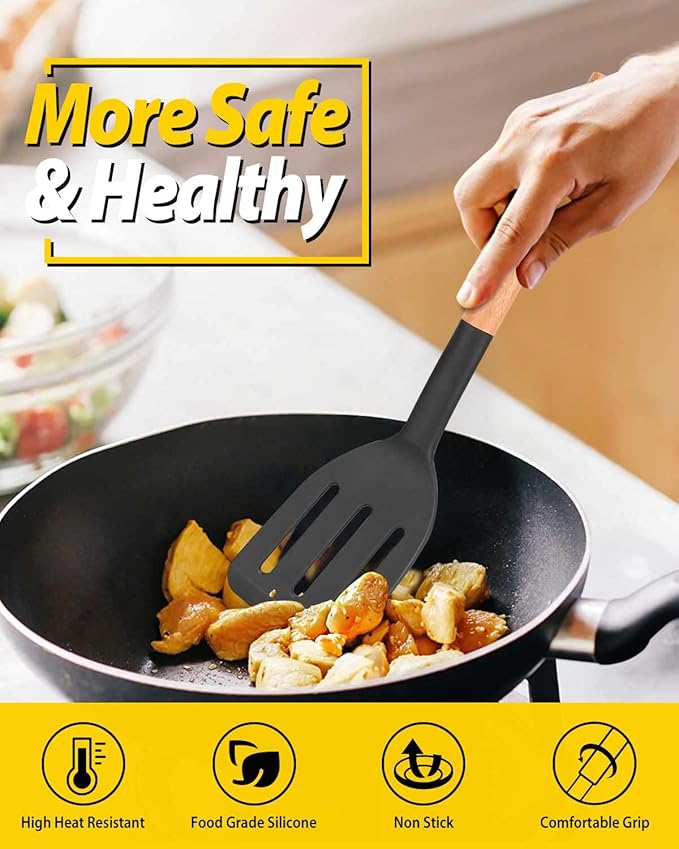 Pack of 2 Silicone Cooking Spatula, Heat Resistant Solid Turner, Non Stick Slotted Spatulas with Wooden Short Handle,Ideal Wood Kitchen Utensils Set for Frying, Baking, Flipping, Turning-Ruum Studio Home