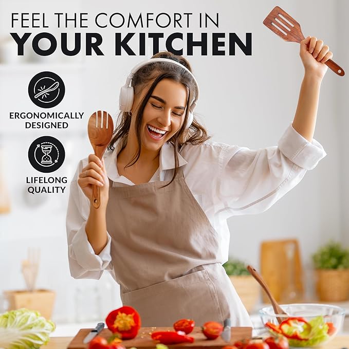 Zulay Kitchen Extra-Large 6-Piece Wooden Spoon Set - Smooth Teak Cooking Utensils - Comfort-Grip Non-Stick Turner, Spatula, Skimmer, Fork, Serving Spoon-Ruum Studio Home