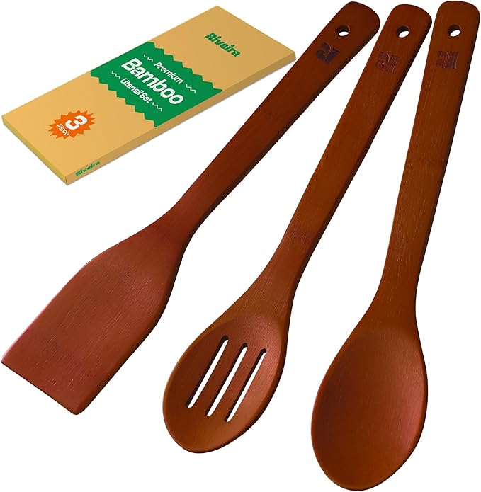 Riveira Premium Brown Bamboo Wooden Spoons for Cooking Set of 3 – Premium Brown Bamboo Wooden Cooking Utensils, Wooden Spatula, Wooden Spoon - Premium Quality Wooden Utensil Set for Non-Toxic Cooking-Ruum Studio Home