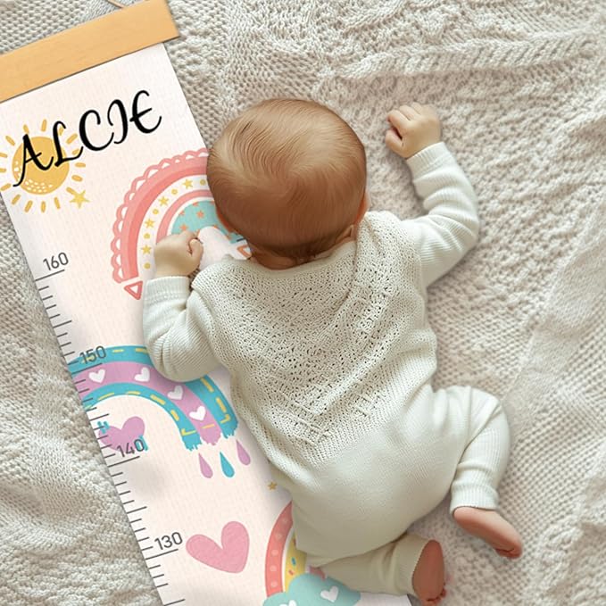 Personalized Name Growth Chart Wall Decor for Kids – Canvas Removable Height Chart Measuring Ruler 59" x 7.9" (Rainbows)-Ruum Studio Home