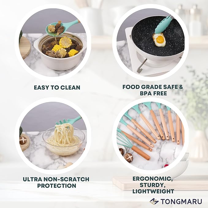 Silicone Cooking Utensils Set, Premium Beech Wood Handle Kitchen Gadgets Utensil Set, Non-Stick Kitchen Utensils Spatula, Tongs, Turner, Whisk, Brush, Spoon, BPA FREE, 446°F Resistant (Mint)-Ruum Studio Home