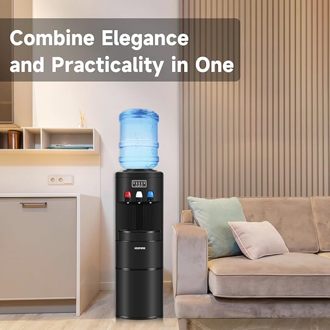 ICEPURE Water Dispenser with Ice Maker, 3-in-1 Hot and Cold Water Cooler with Built-in Bullet Ice Maker Machine, 26.5lbs/24H, Top Loading for 3-5 Gallon Bottle, Child Safety Lock, Black-Ruum Studio Home