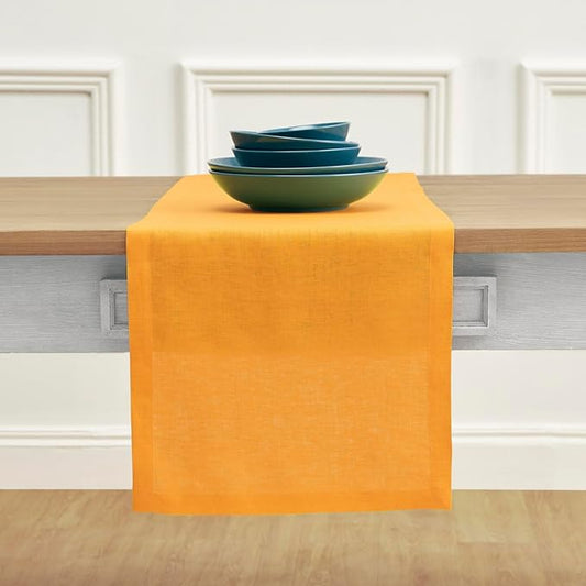 Solino Home Linen Table Runner 48 Inches - 100% Pure Linen Tangerine Yellow Table Runner 14 x 48 Inch Ideal for Dresser and Coffee Tables - Fete-Ruum Studio Home