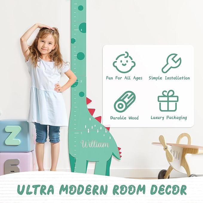Personalized Name Growth Chart, Dinosaur Wooden Height Chart, Thick Height Measuring Board, Kids Height Tracker for Nursery Decor, Baby Boy Girl Measurement Ruler, Growth Charts Ruler-Ruum Studio Home