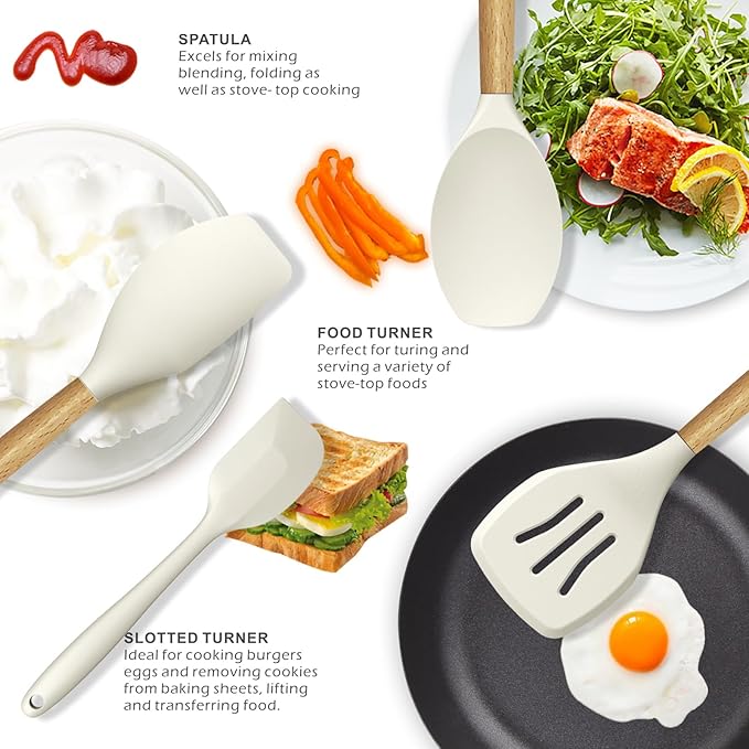 Silicone Cooking Utensils Set - 446°F Heat Resistant Silicone Kitchen Utensils for Cooking,Kitchen Utensil Spatula Set w Wooden Handles and Holder, BPA FREE Gadgets for Non-Stick Cookware (Khaki)-Ruum Studio Home