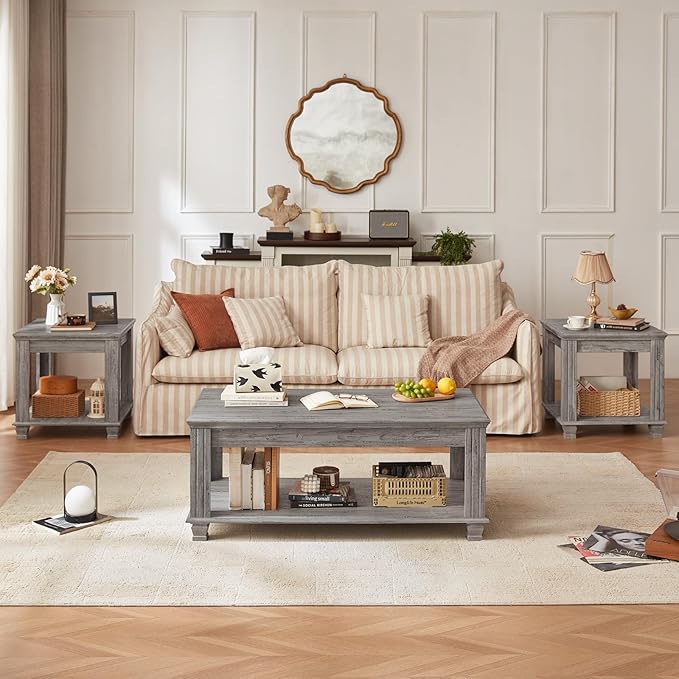 Farmhouse Coffee Tables for Living Room,Square Tea Table with Open Storage Shelf,Large Coffee Table,Rustic Wooden Center Table,Gray-Ruum Studio Home