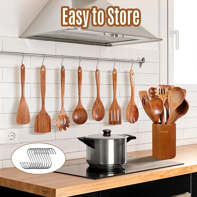 Wooden Spoons for Cooking, 12PCS Teak Wooden Kitchen Utensil Set with Spoon Rest - Smooth Finish, Non-Stick, Comfortable Grip, Heat Resistant Cooking Utensils Set-Ruum Studio Home