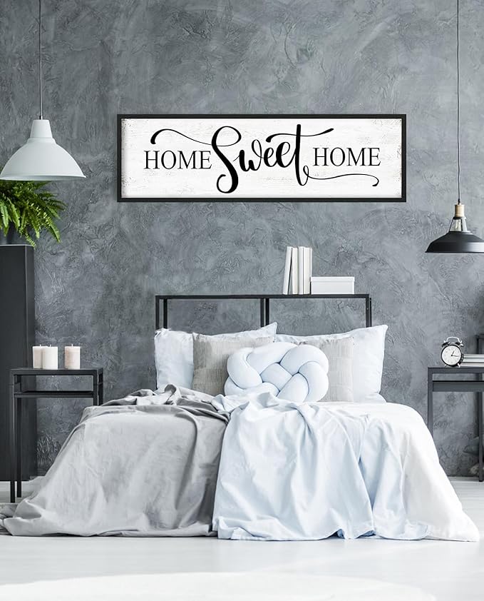 Home Sweet Home Wall Decor: Modern Farmhouse Rustic Sign 12" x 40", Master Bedroom Above Bed Framed Hanging Plaque, Family Decorative for Living Room-Ruum Studio Home