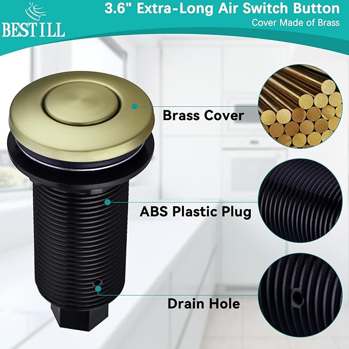 BESTILL Garbage Disposal Air Switch Kit - Brushed Gold Garbage Disposals Button, 3.6” Long Sink Top On/Off Push Button for Waste Disposer, Brass Made Cover, UL Listed, Compatible with all Disposers-Ruum Studio Home