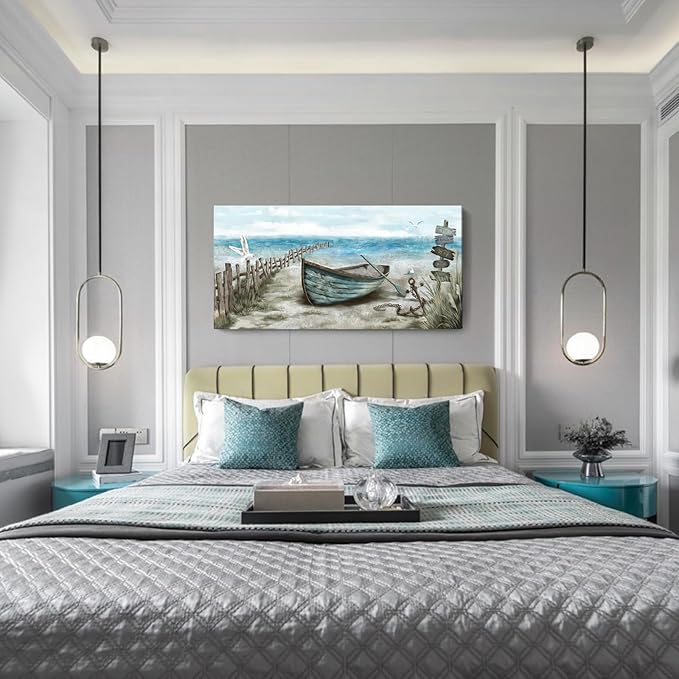 Wall Art for Living Room Large Beach Decor Picture Seagull Vintage Boat Artwork Ocean Sea Bird Canvas Print Seascape Nautical Painting Blue Teal Rustic Coastal Themed Cottage Bedroom Office Décor-Ruum Studio Home