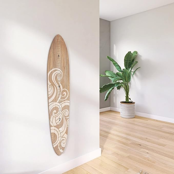 Wooden Surfboard Wall Decor Growth Chart - Surf Board Decor for Kids Room, Wooden Growth Chart for Wall, Surfboard Wall Art, Surfboards for Decoration - White Wave (9.5""x 45"")-Ruum Studio Home