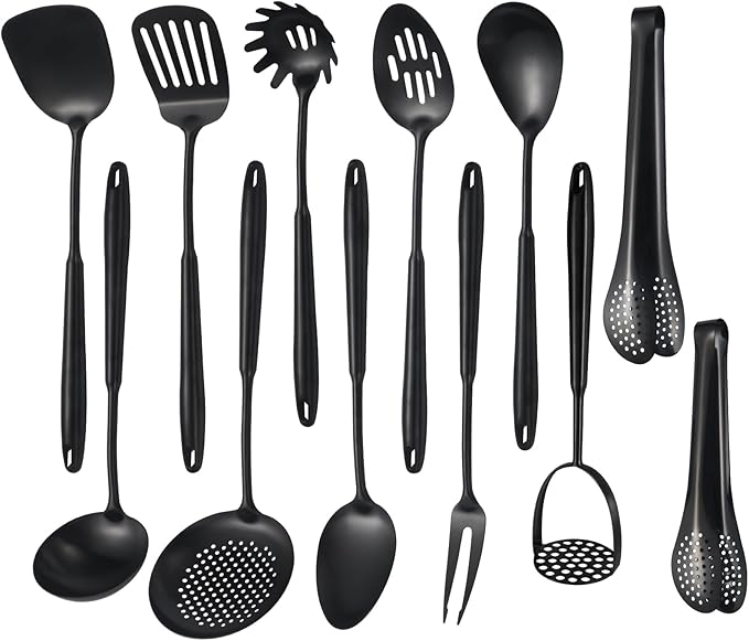 304 Stainlss Steel Matte Kitchen Utensils Set, 12 Pcs Long Metal Cooking Utensil Gadgets Tools Set with Spatula, Ladle, Spoon, Ladle, Skimmer, Tunner, Pasta Server, Tongs(Black, Dishwasher Safe)-Ruum Studio Home