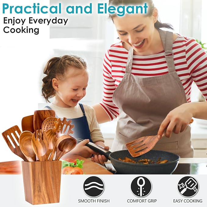 Wooden Spoons for Cooking, Acacia Wood Cooking Utensils Set – 11 Piece Wooden Kitchen Tools with Holder, Spoon Rest, Nonstick Cookware Safe by HOWHONG-Ruum Studio Home