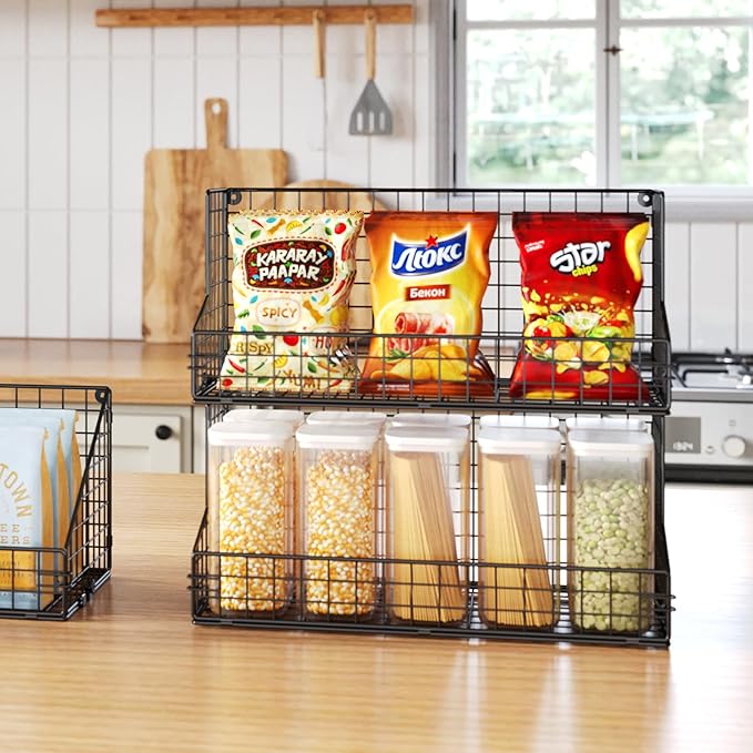X-cosrack 3 Tier Large Stackable Snack Organizer - Versatile Wall Mounted Wire Storage Basket with Divider for Candy Chip Cans Bars - Ideal for Pantry Office Home-Ruum Studio Home