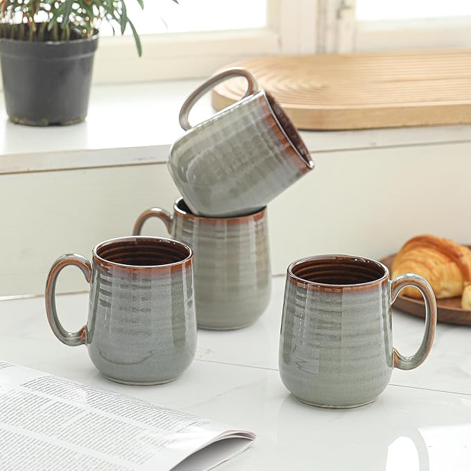 Hasense Coffee Mugs Set of 4, 12 oz Coffee Cups Ceramic, Stoneware Latte Mug with Large Handle for Coffee, Tea, Milk and Chocolate,Easy Hold & Clean, Dishwasher & Microwave Safe, Light Grey-Ruum Studio Home