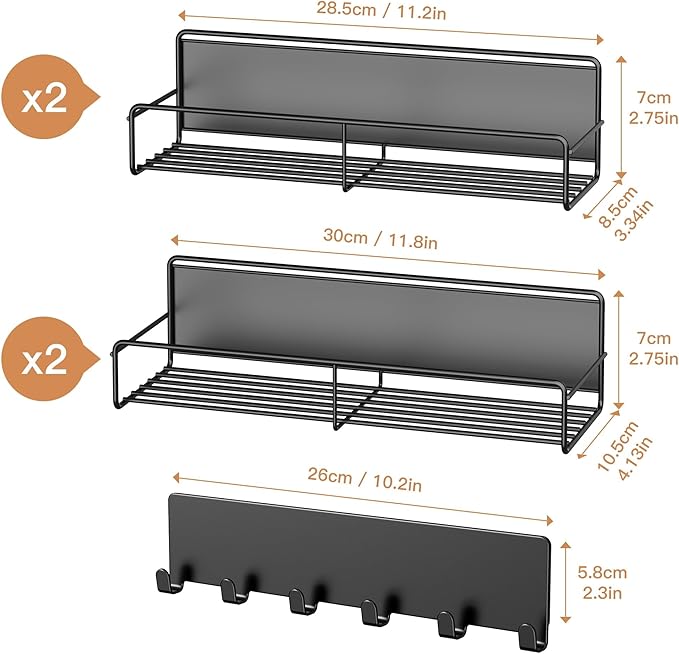 5-Pack Moveable Magnetic Spice Rack Organizer With 6 Hooks for Refrigerator, Metal Fridge Shelf, Black-Ruum Studio Home