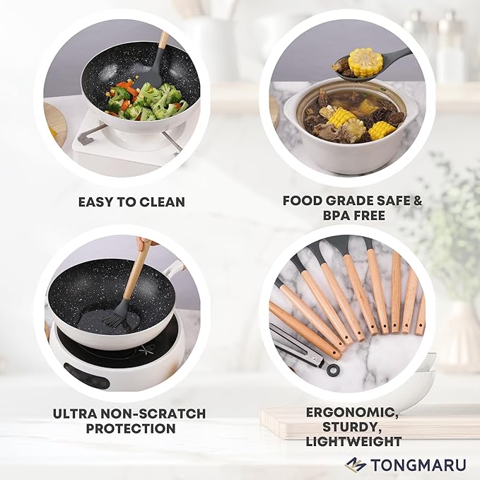 Silicone Cooking Utensils Set, Premium Beech Wood Handle Kitchen Gadgets Utensil Set, Non-Stick Kitchen Utensils Spatula, Tongs, Turner, Whisk, Brush, Spoon, BPA FREE, 446°F Resistant (Dark Gray)-Ruum Studio Home