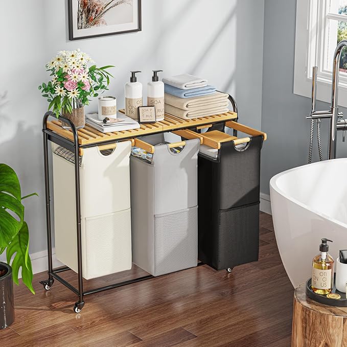 Laundry Hampers 3 Section, Laundry Sorter with Removable Shelf and Pull-Out Bags, Clothes Hampers with Wheels Rolling Cart Basket for Laundry Room Bathroom, 3 x 40 L (Black White Gray)-Ruum Studio Home