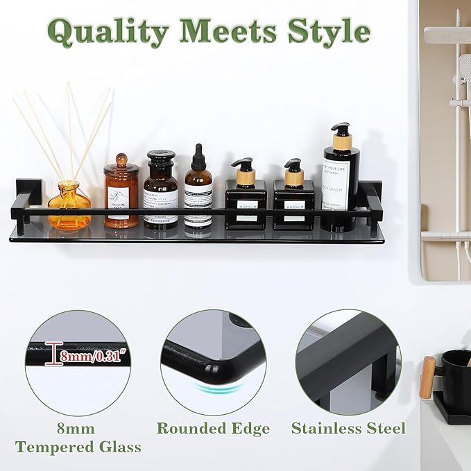 Alise Bathroom Shelf Wall Mounted, Matte Black Large Capacity Glass Shelf for Bathroom, 24 inch-Ruum Studio Home