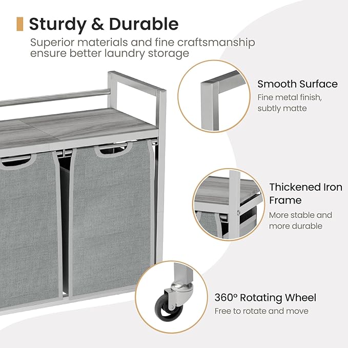 Laundry Hamper, Laundry Basket, Laundry Sorter with 3 Removable Bags, Clothes Basket with 3 Compartments, Wheels, Shelf for Laundry Room Bathroom Bedroom (2 Bags-Gray)-Ruum Studio Home