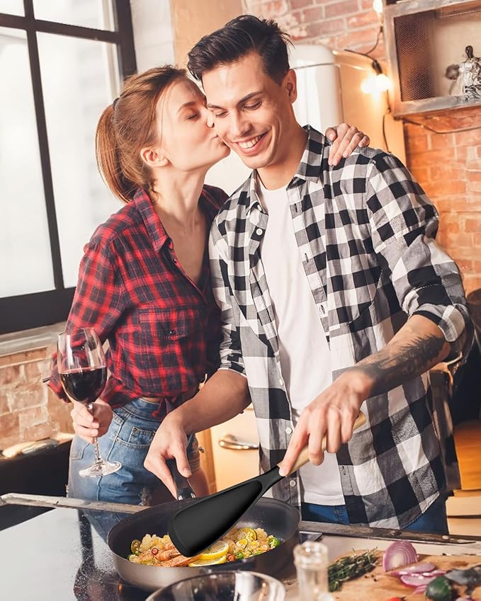 Multifunction Spatula Spoon for Nonstick Cookwares, Great for Cooking and Serving, Sturdy BPA-Free Matte Silicone, Wood Handle Spatula for Mixing, Scoop, and Scrape, Black(2 pack,11.4" & 13.4")-Ruum Studio Home