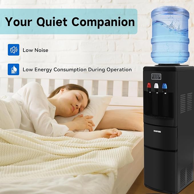 ICEPURE Water Dispenser with Ice Maker, 3-in-1 Hot and Cold Water Cooler with Built-in Bullet Ice Maker Machine, 26.5lbs/24H, Top Loading for 3-5 Gallon Bottle, Child Safety Lock, Black-Ruum Studio Home