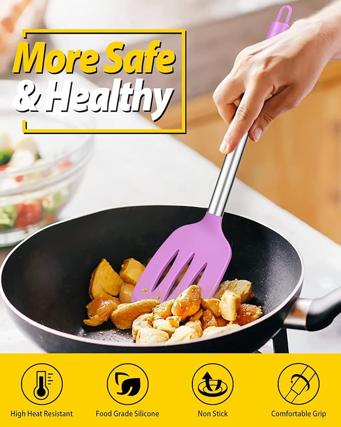 Pack of 2 Silicone Solid Turner, Non Stick Slotted Kitchen Spatulas, High Heat Resistant BPA Free Cooking Utensils, Ideal Cookware for Fish, Eggs, Pancakes(Purple)-Ruum Studio Home
