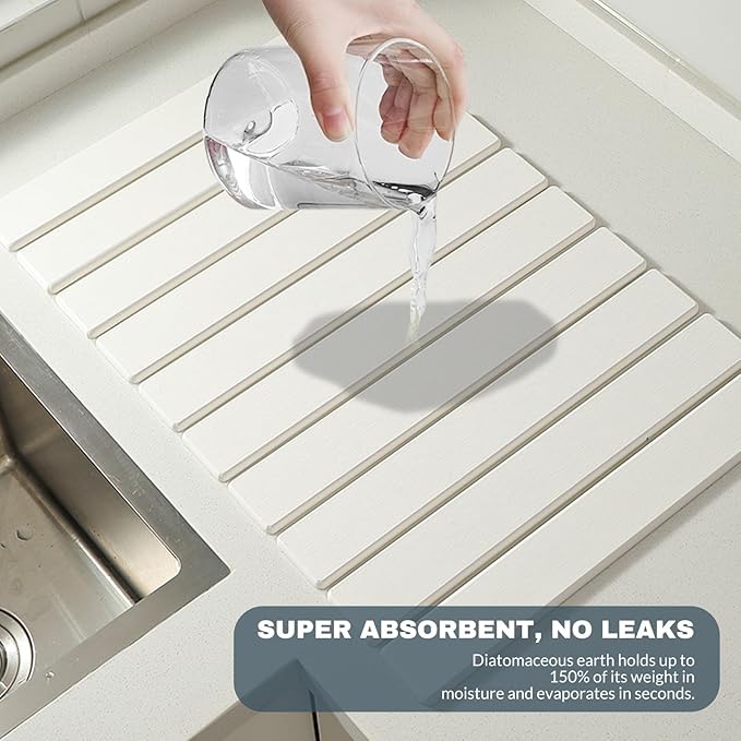 Large Stone Dish Drying Mats for Kitchen Counter, Quick Dry Absorbent Collapsible Dish Drying Mat,Diatomaceous Earth Mats for Dishes Bottles Cups,Match Any Countertop,White 24 * 16inch-Ruum Studio Home