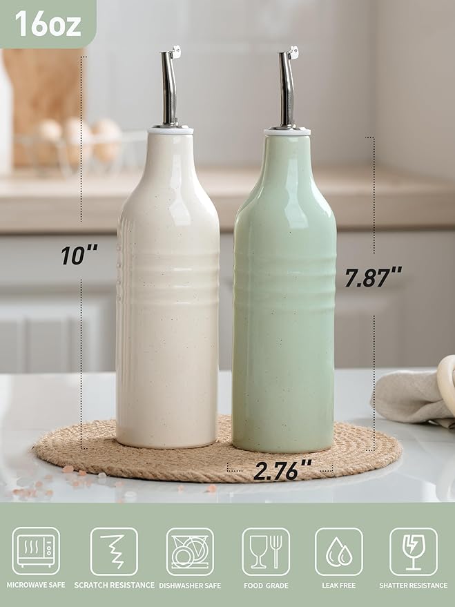 famiware Jupiter 16oz Ceramic Olive Oil Dispenser Bottle, Olive Oil and Vinegar Dispenser Bottle Set of 2 with Stainless Steel Pourers, Suitable for Storage Vinegar, Vanilla White & Light Green-Ruum Studio Home