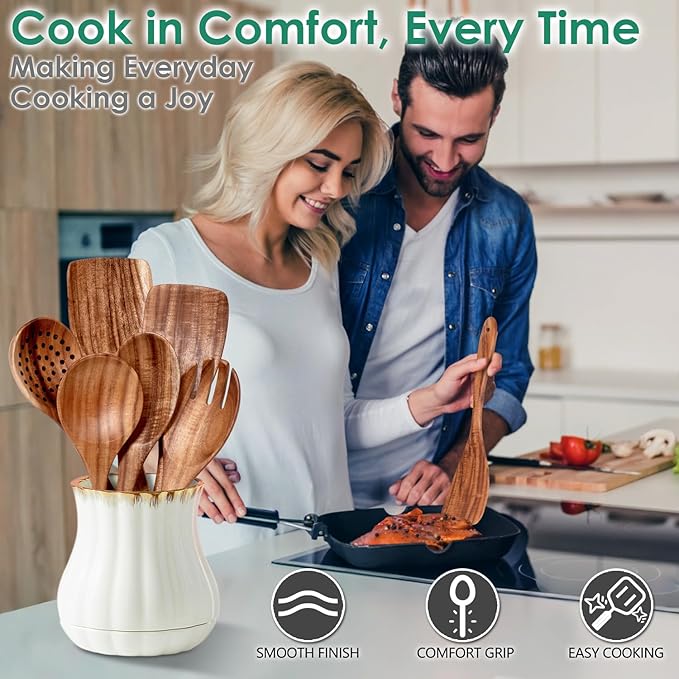 Wooden Spoons for Cooking 6 Piece - Natural Teak Wood Kitchen Utensils Set - Smooth Finish Soft Comfort-Grip Safe for Nonstick By HOWHONG-Ruum Studio Home