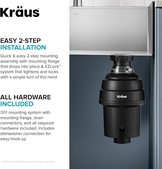 KRAUS WasteGuard 1 HP Ultra-Quiet Garbage Disposal with Quick Connect, Kitchen Sink Drain Cover, Power Cord and Flange Included, KWD100-100MBL-Ruum Studio Home