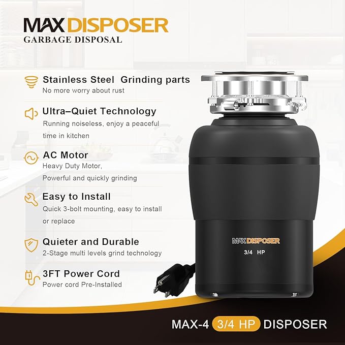 Garbage Disposal 3/4 HP for Kitchen sink Quiet with Stopper Power Cord, Easy install, Continuous Feed Food Waste Disposer Stainless Steel Grind 0.75 Horsepower AC Motor Unit (MAX-4)-Ruum Studio Home