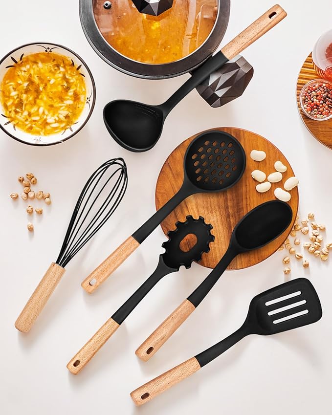Kitchen Utensils Set, 13PCS Silicone Cooking Utensils, Heat Resistant Kitchen Utensil Spatula Set for Nonstick Cookware, Wooden Handles Kitchen Gadgets Tools Set-Ruum Studio Home