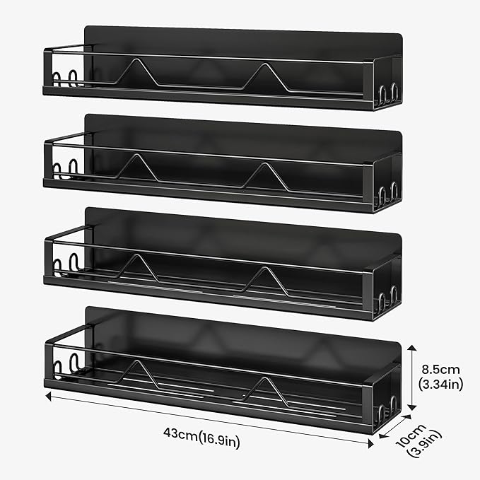 16.9 Inch Wide Large Capacity Magnetic Spice Rack for Refrigerator, 4 Pack Metal Fridge Shelf, Black-Ruum Studio Home