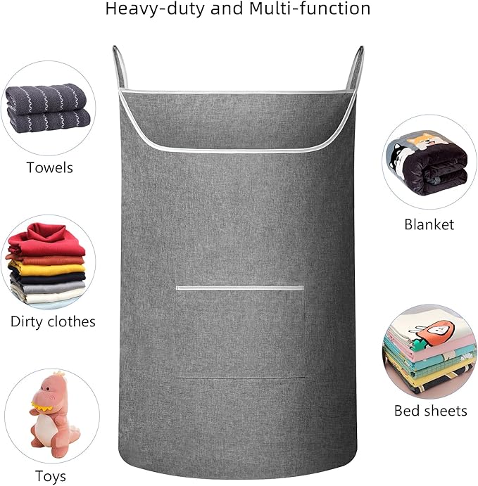 X-Large Hanging Laundry Hamper Bag, Door Hanging Hamper with Front Pocket Dirty Clothes Hanging Laundry Bag Large Size 35X22 inch Door Laundry Basket (Grey)-Ruum Studio Home