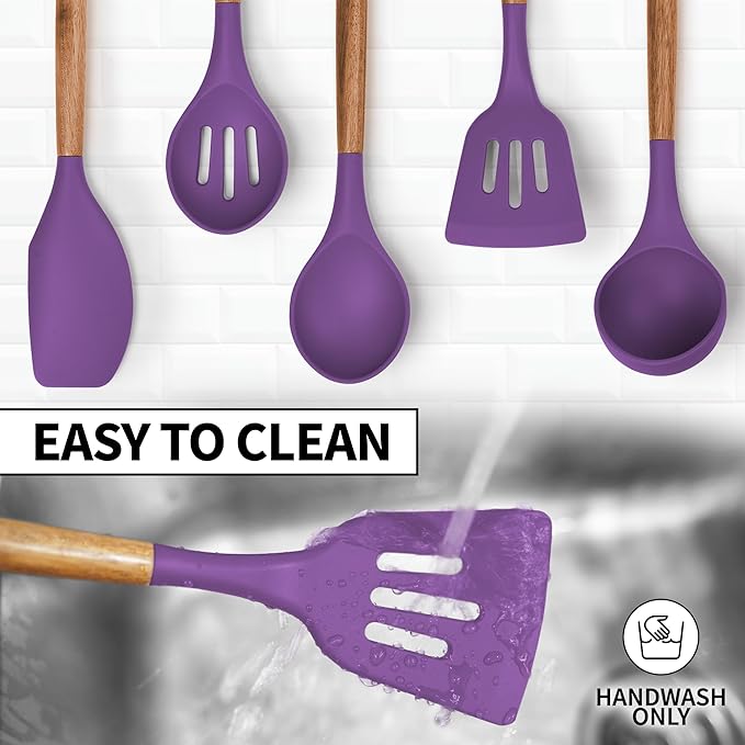 Zulay Kitchen Non-Stick Cooking Utensils Set with Authentic Acacia Wood Handles – 5-Piece Durable & Stylish Silicone Kitchen Utensils Set – Heat Resistant to 464°F – Purple-Ruum Studio Home